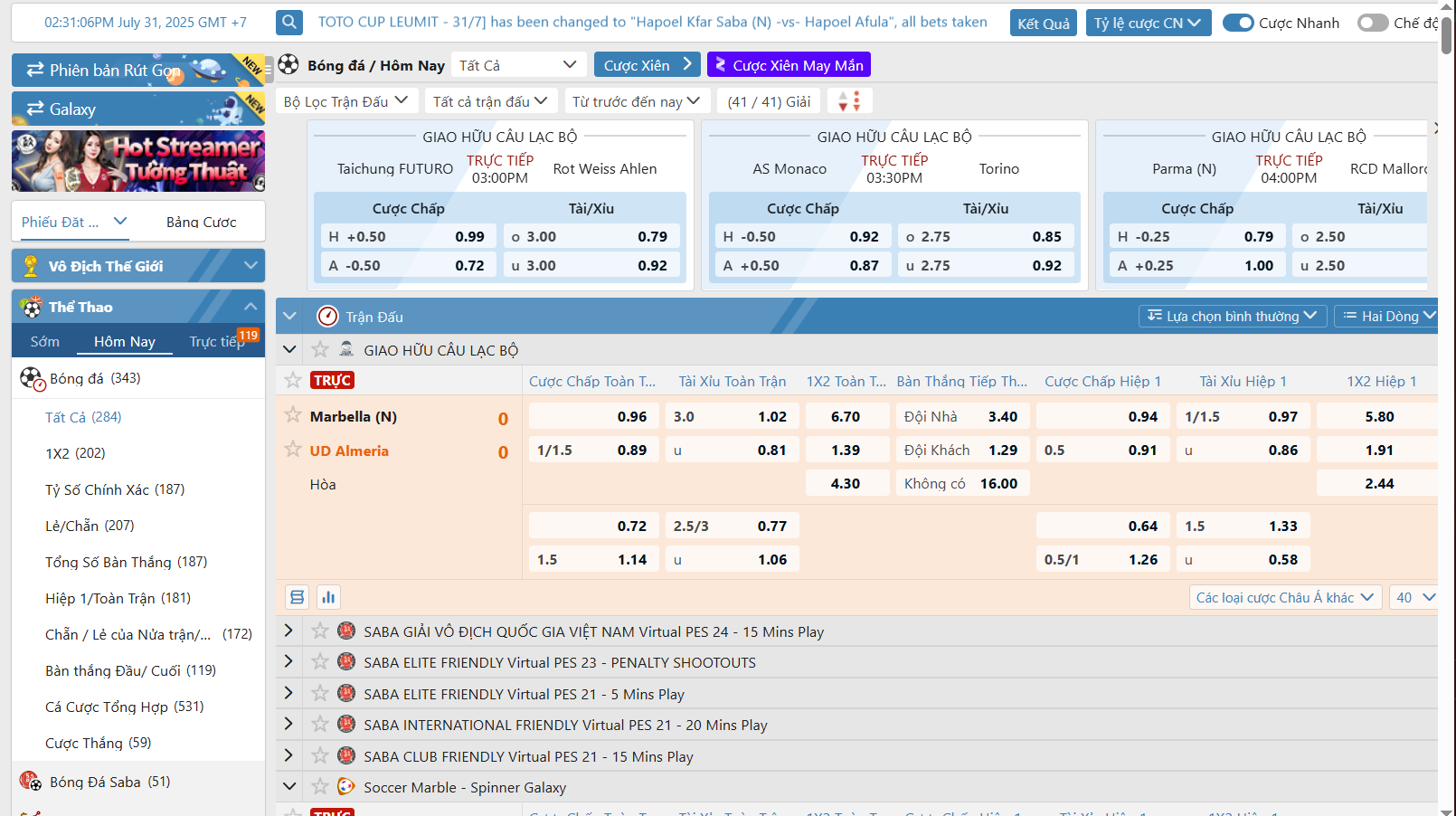 Các kèo cược tại sảnh thể thao